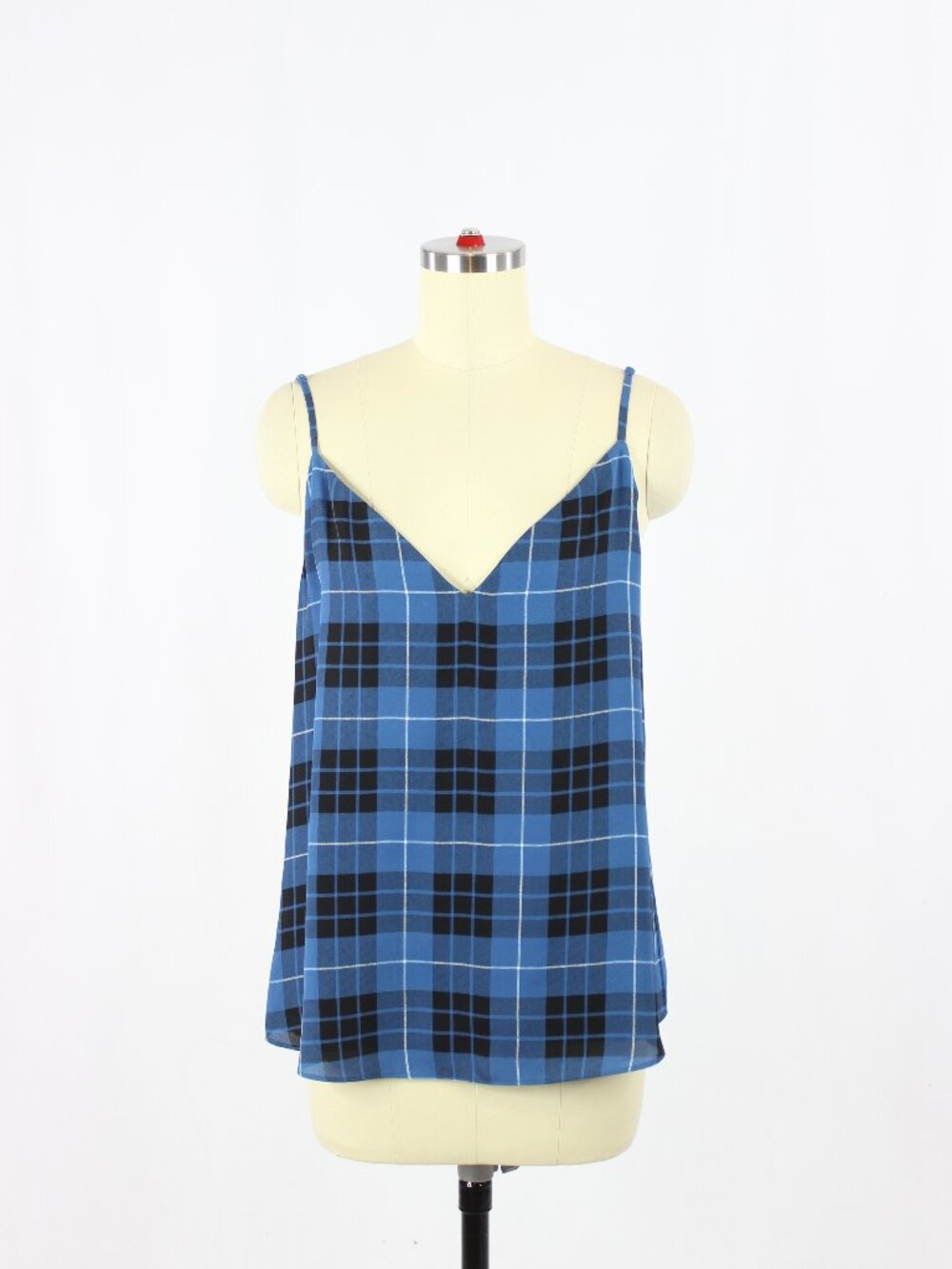 Aritzia BABATON Everly Blue Plaid Matte Satin V-Neck Camisole Tank, Size S